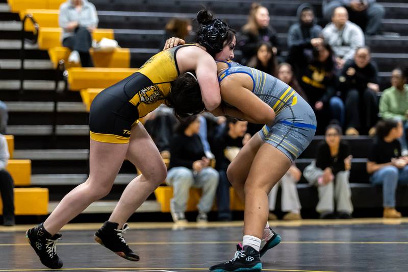Joliet West’s Veronica Klobnak and Joliet Central’s Yaretzi Arenas compete in the 135 pound match at Joliet West on Jan. 12, 2026.