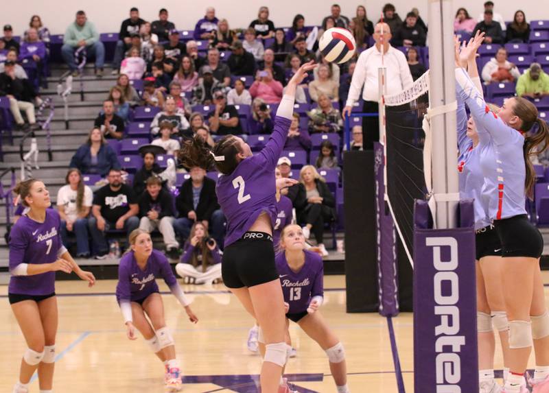 Rochelle's Jaydin Dickey (2) hits the ball during a match with Ottawa on Oct. 23, 2025.