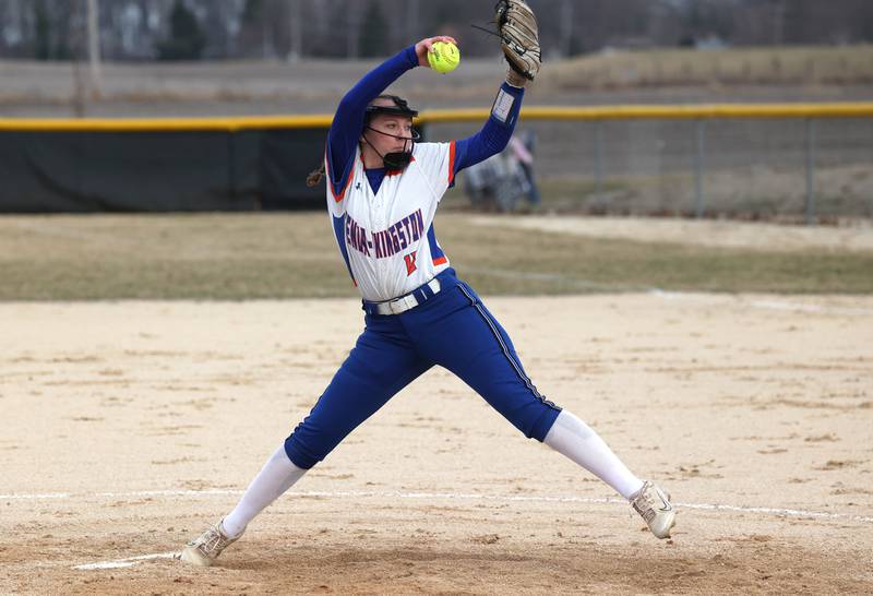 Genoa-Kingston’s Lily Provost delivers a pitch during their game against Indian Creek Tuesday, March 18, 2025, at Indian Creek High School in Shabbona.