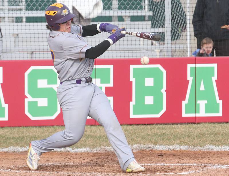 Mendota's Oscar Castaneda grounds out against L-P on Thursday, April 3, 2025 at Huby Sarver Field inside the L-P Athletic Complex in La Salle.