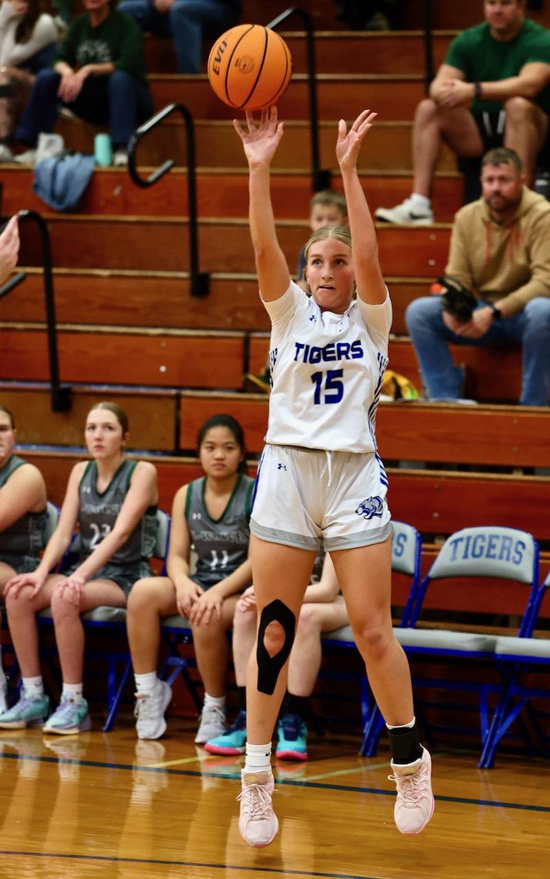 Princeton's Kyrra Morris launches a 3 against Midland Thursday night at Prouty Gym. The Tigresses won 69-34 to improve to 3-0.