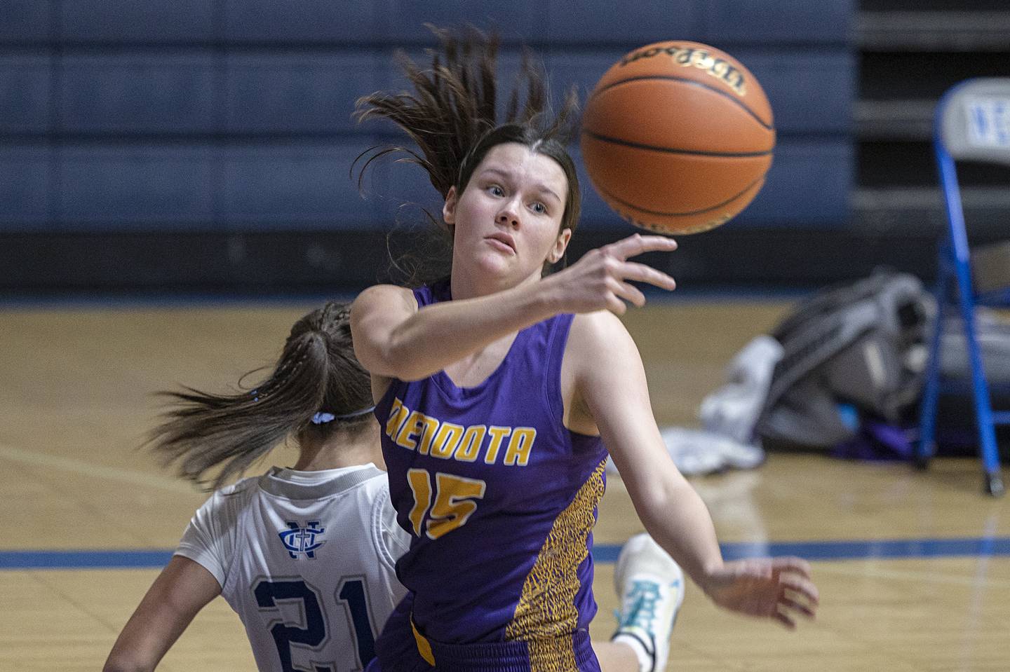 Mendota’s Grace Wasmer passes the ball out of trouble Monday, Dec, 12, 2022 while playing Newman.