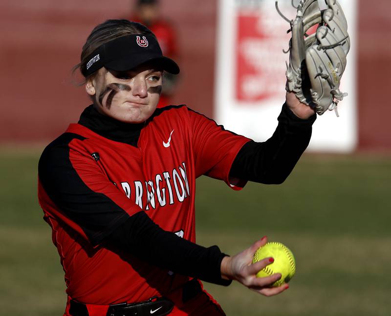 Barrington’s Allie Goodwin throws a pitch during a non-conference softball game Friday, April 1, 2022, between McHenry and Barrington at Barrington High School.