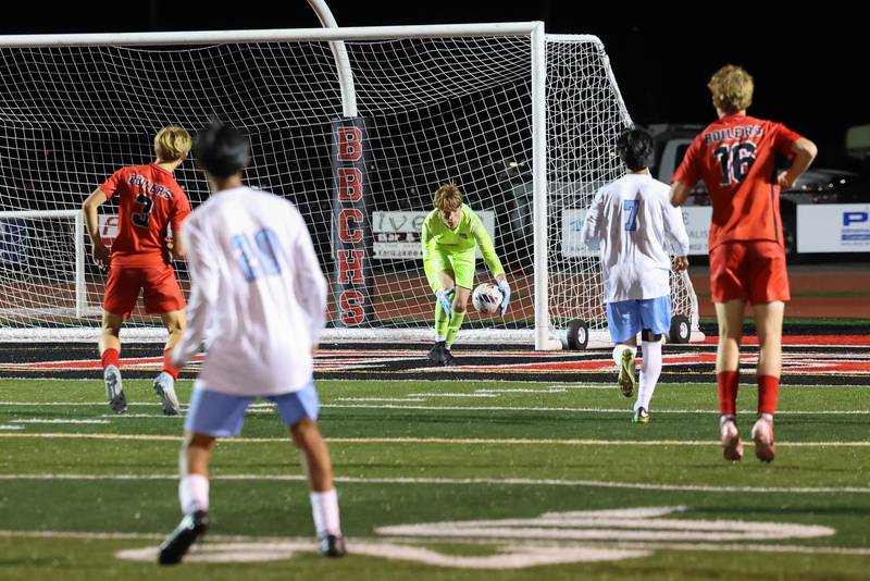 Bradley-Bourbonnais goalkeeper Harrison Adams makes a save during the Boilermakers' 1-0 victory over Kankakee in the All-City matchup on Tuesday, Sept. 9, 2025.