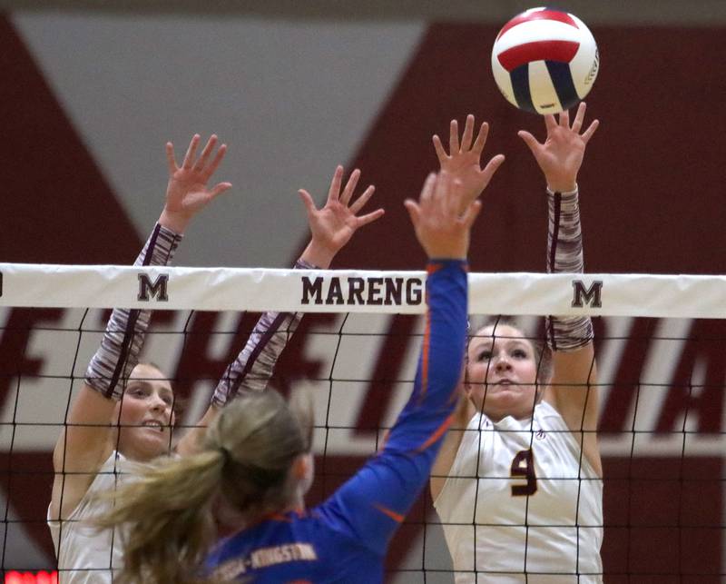 Richmond-Burton’s Reagan Wisniewski blocks against Genoa-Kingston in IHSA Class 2A Regional Title Game volleyball action on Thursday, Oct. 31, 2024, at  Marengo High School  in Marengo.