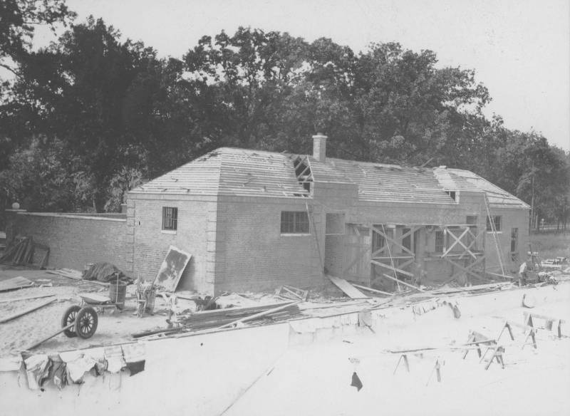 The first offices and bath house at Hopkins Park neared completion in early July 1935. The start of the first pool is visible in the foreground.