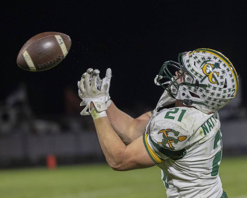 Coal City’s Logan Natyshok is unable to haul in a pass against Dixon Friday, Nov. 7, 2025.