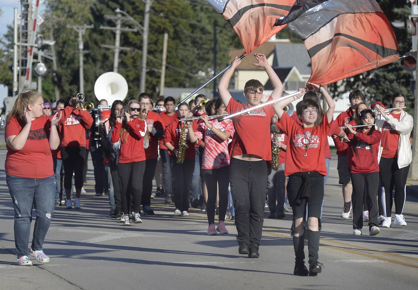 The Streator High School marching band performs Wednesday, Sept. 28, 2022, as they make their way down Main Street during the school’s homecoming parade.
