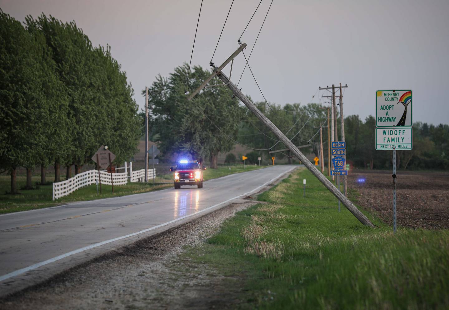 A damage utility pole prompted the closure of Hobe Road in Woodstock on May 15, 2025, following thunderstorms.