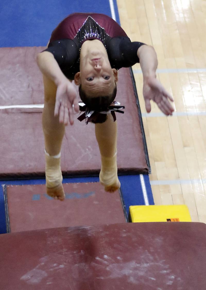 Prairie Ridge Co-op’s Nora Terhaar competes in the preliminary round of the vault on Friday, Feb. 20, 2026, during the IHSA Girls State Final Gymnastics Meet at Palatine High School.