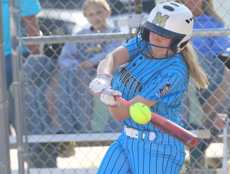 Marquette's Chloe Thrush gets a hit against Seneca on Monday, May 11, 2026 at June Gross Field in Ottawa.