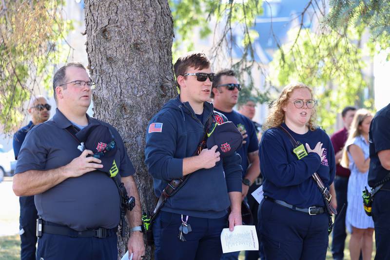 Local firefighters join in the Pledge of Allegiance during the 44th Kankakee County Fallen Firefighter Memorial Service on Friday, Oct. 3, 2025.