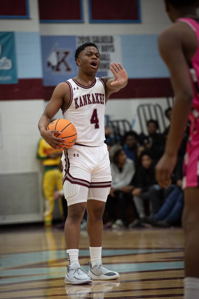 Kankakee's Myair Thompson talks to his teammates on the floor in a game against Rich Township on Friday, February 6, 2026.