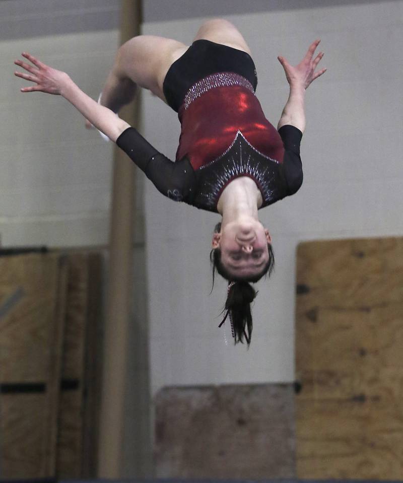 Prairie Ridge’s Tess Morton competes on the floor exercise during the IHSA Mundelein Gymnastics Sectional on Feb. 13, 2025, at Mundelein High School.