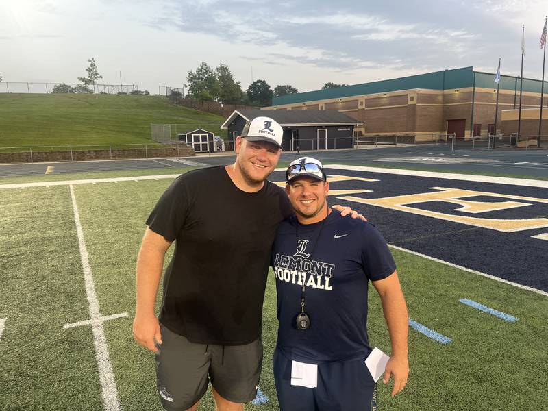 Graham Pocic (left) and Willie Hayes were teammates on Lemont's 2007 Class 6A state runner-ups. Now they're back at their alma mater on the coaching staff, Hayes as Lemont's first-year head coach and Pocic an offensive line coach.