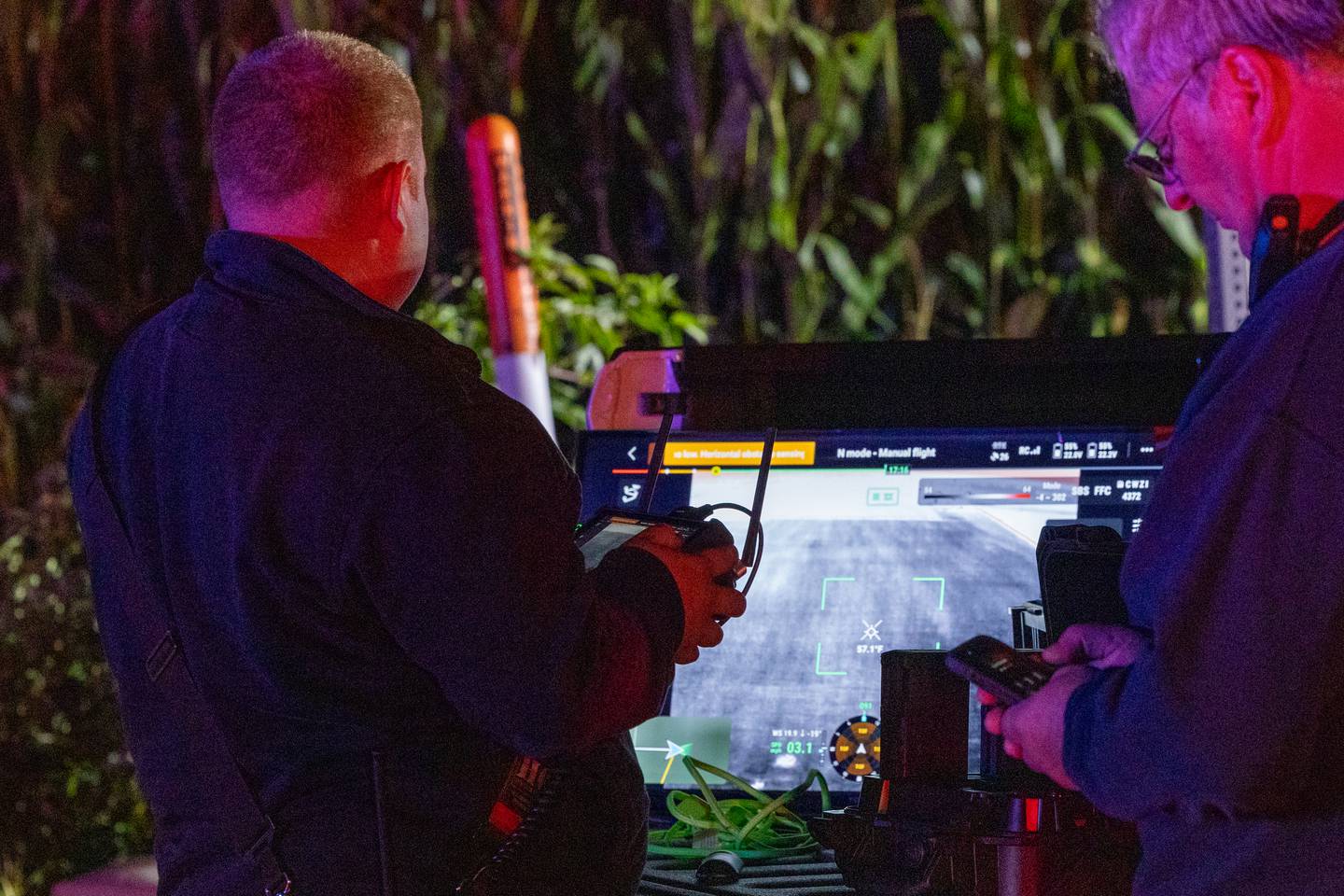 Operator views screen streamed by drone in search of missing individual from rollover accident on Sunday, Aug 31, 2025 at intersection of Route 251 and 46th road in Mendota.