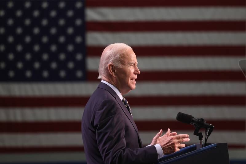 President Joe Biden speaks about Social Security and Medicare during a stop in Joliet at Jones Elementary School on Saturday.