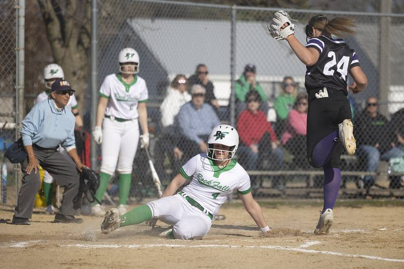 Rock Falls’ Olivia Osbourne steals home against Dixon Tuesday, April 9, 2024 at Reynold’s field in Dixon.