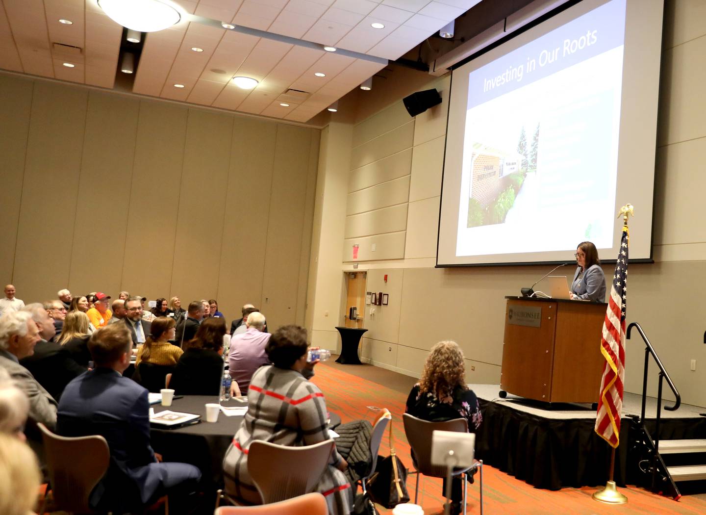 Sugar Grove Village President Jennifer Konen gives the annual State of the Village address at Waubonsee Community College in Sugar Grove on Tuesday, Feb. 28, 2023.