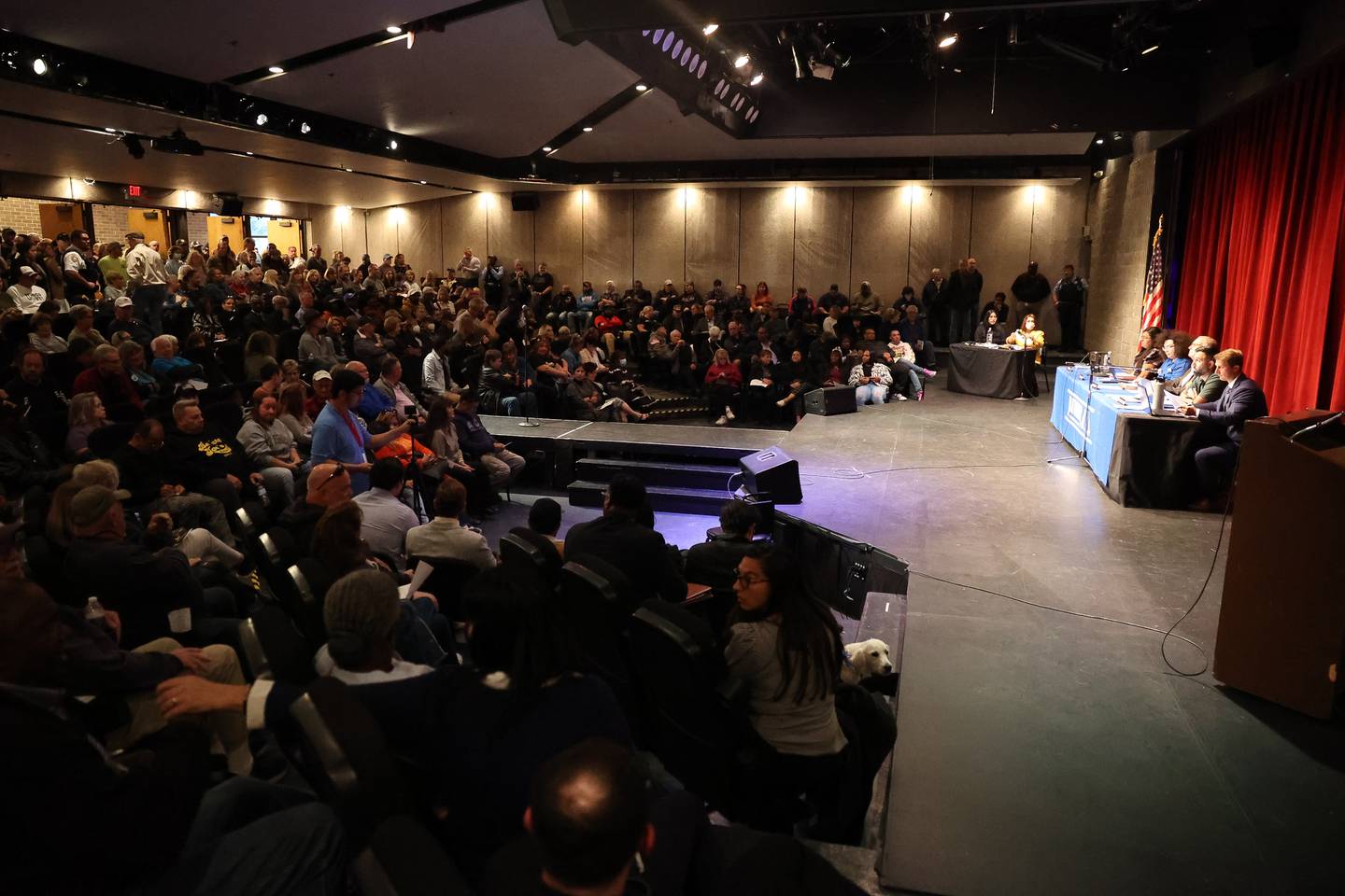 Hundreds pack Billie Limacher Bicentennial Park theater for the Joliet Township meeting to get answer on the townships questionable application for asylum grant money on Tuesday, Oct. 10, 2023 in Joliet.