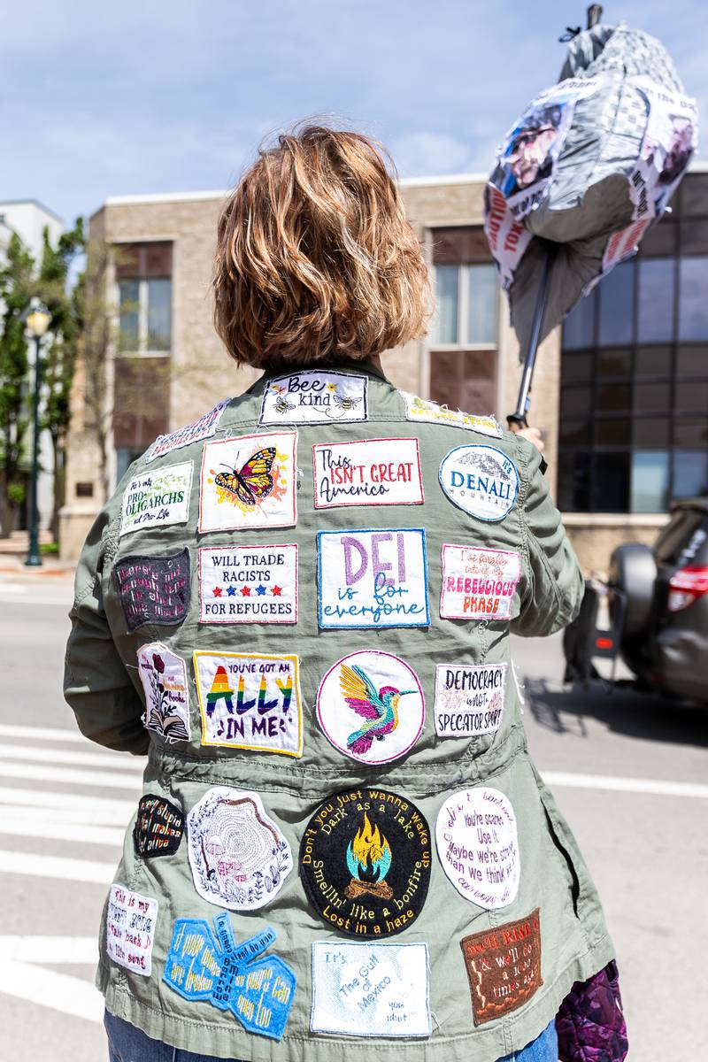 Wilmington resident Juleigh Miller participates in the May Day Weekend Rally in Downtown Joliet on May 3, 2025.