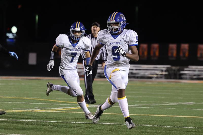Joliet Central’s Jonas Gregory, left, and Jotham Word look to make a play against Plainfield East on Oct. 4, 20234 in Plainfield.