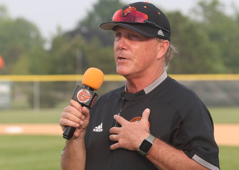 Illinois Valley Pistol Shrimp team owner and field manager John Jakiemiec, sends a warm welcom to fans as they attend the 2024 Championship Celebration on Thursday, June 5, 2025 at Schweickert Stadium in Peru.