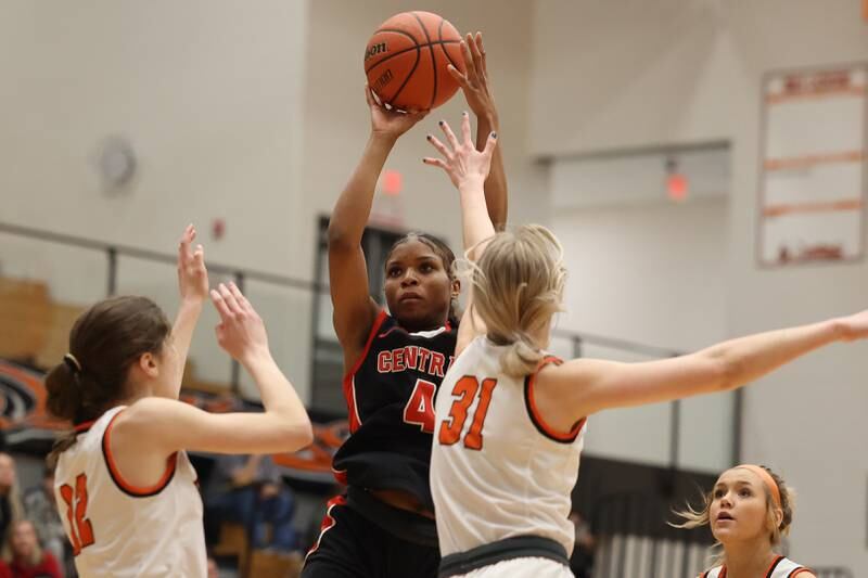 Lincoln-Way Central’s Azyah Newson-Cole puts up a shot against Lincoln-Way West on Tuesday, February 7th..