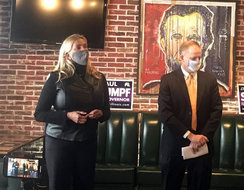 State Sen. and Senate Minority Leader Sue Rezin of Morris (left) introduces Illinois gubernatorial candidate Paul Schimpf on Monday at Honest Abe's in Morris. Schimpf announced his candidacy earlier in the day.
