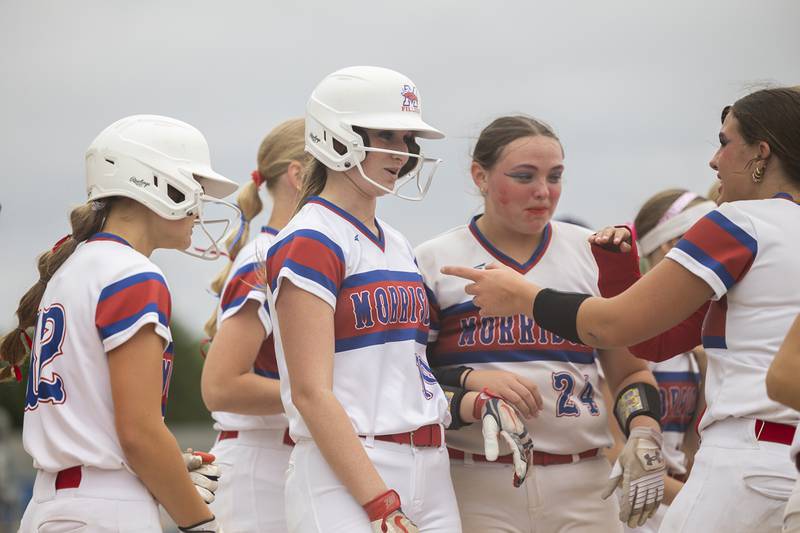 Morrison’s Elle Milnes is congratulated after hitting a home run against West Carroll Tuesday, May 19, 2026, at the Class 1A softball regionals at Newman.