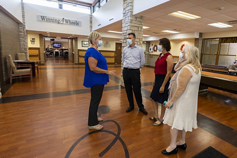Sheila Huizenga (left), assistant administrator of Winning Wheels in Prophetstown, speaks with State Senator Win Stoller and his team Tuesday, July 25, 2023 during a tour of the facility. Stoller spent much of the day in and around Prophetstown/Morrison learning about the area.