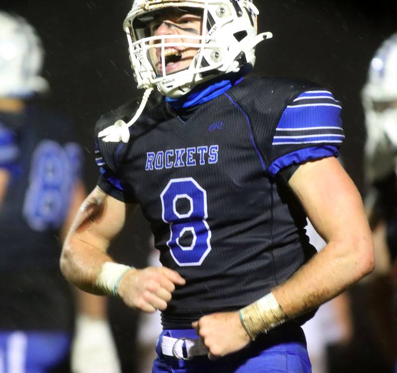 Burlington Central’s Tyler McGladdery scores his first of two touchdowns against Harlem in IHSA football Class 6A second-round playoff action at Central High School in Burlington on Saturday, November 8, 2025.