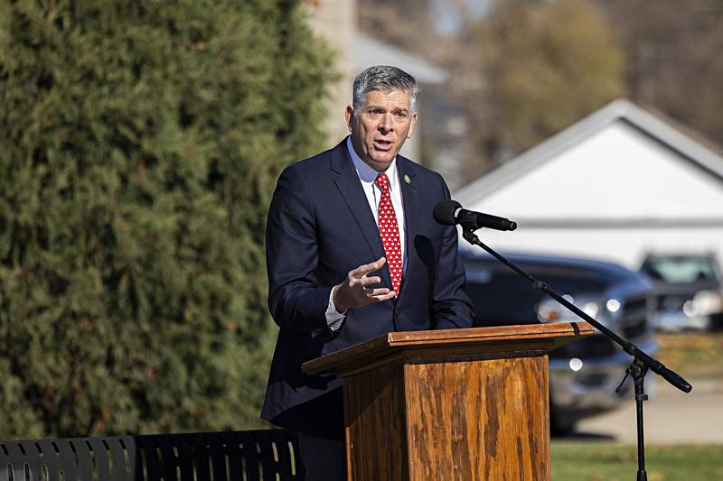 Congressman Darrin LaHood speaks Saturday, November, 11, 2023 at a Veterans Day ceremony in Dixon. LaHood reemphasized the sacrifice Veterans and their families have made to protect this country.