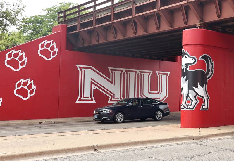 A car drives by part of the new Huskie mural Monday, Aug. 14, 2023, on the Annie Glidden Road railroad underpass, just south of Lincoln Highway in DeKalb. The mural was a joint project between the City of Dekalb and Northern Illinois University.