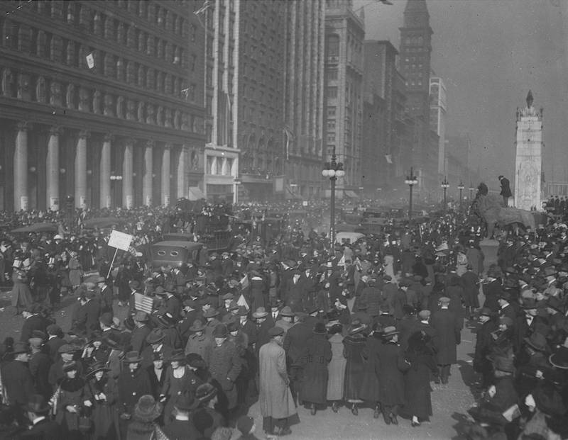 People in Chicago celebrate the armistice ending World War 1 on Nov. 11, 1918.