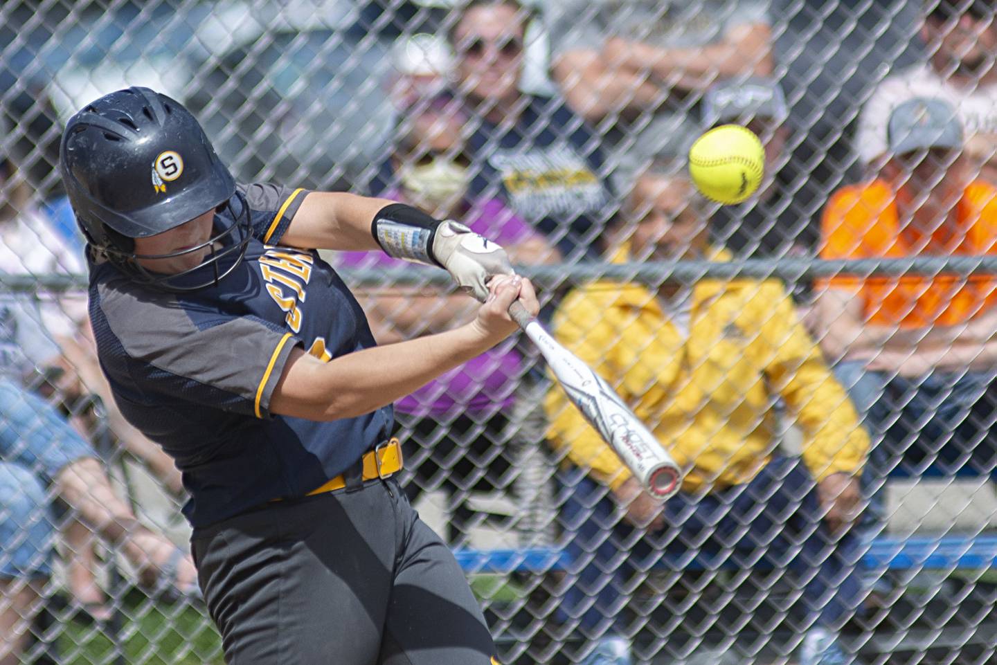 Sterling’s Ellie Leigh drives the ball to right field for a couple rbi’s against Rock Falls Saturday, May 14, 2022.