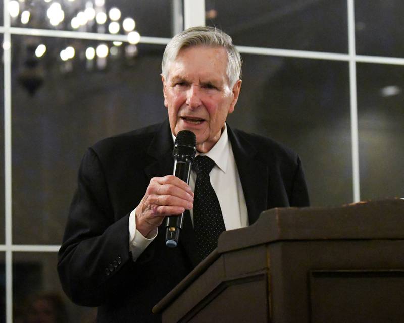 Harrison Schneider addresses attendees after accepting the Charlemagne Award from the St. Charles Area Chamber of Commerce' on Friday May 1, 2026.
