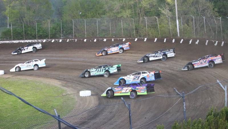 Racers make a turn during the season opening race on Tuesday, May 6, 2025 at La Salle Speedway.