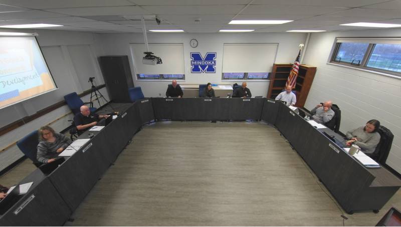 The Minooka CCSD 201 School Board during its meeting Monday.