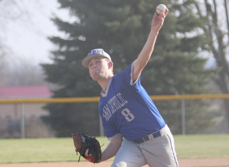 Newman's Drake Cole throws a pitch to Bureau Valley on Monday, March 30, 2026 at Bureau Valley High School.