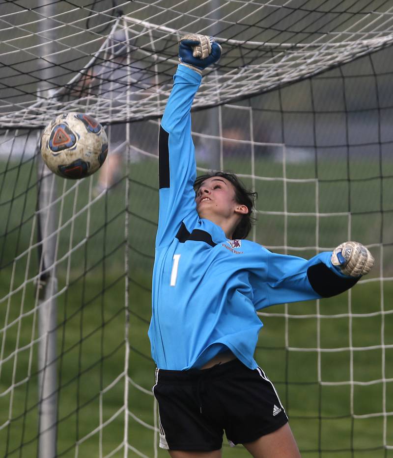 The ball gets past Prairie Ridge's Mia Pietramale for a goal during a Fox Valley Conference soccer match Tuesday, May 10, 2022, between Crystal Lake Central and Prairie Ridge at Crystal Lake Central High School.