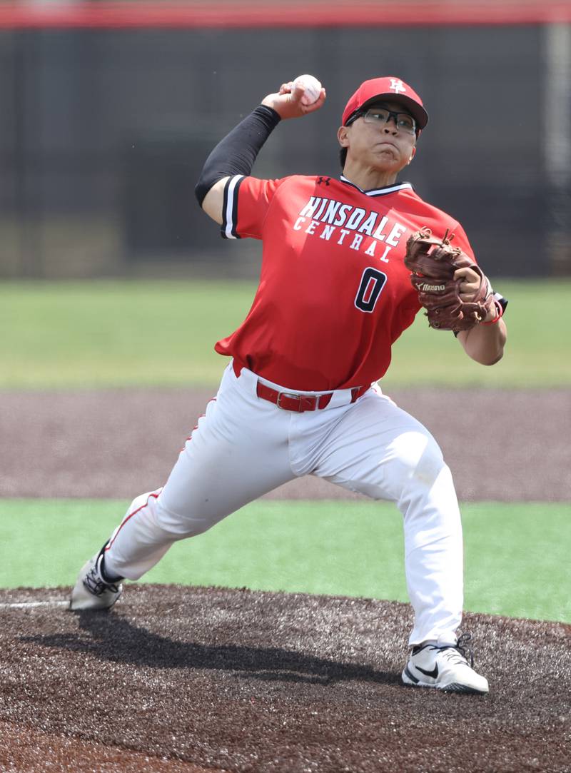 Hinsdale Central's William Ho (0) pitches during the IHSA Class 4A baseball regional final between Downers Grove North and Hinsdale Central at Bolingbrook High School on Saturday, May 27, 2023.