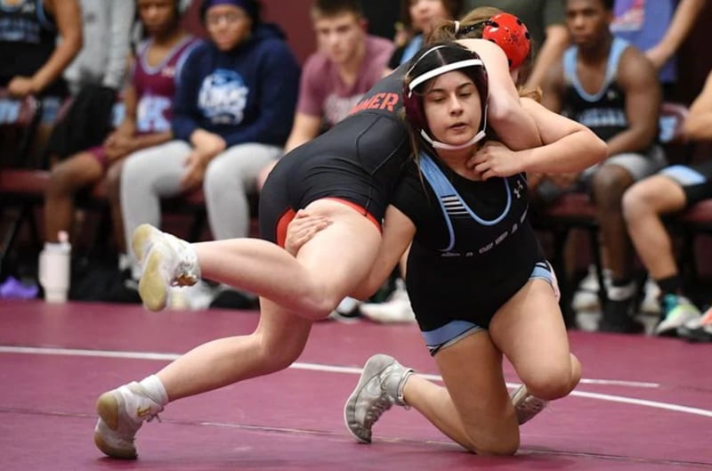 Kankakee's Ruby Salazar, right, counters a takedown attempt from Bradley-Bourbonnais' Sommer Boswell during Wednesday's All-City meet at Kankakee.