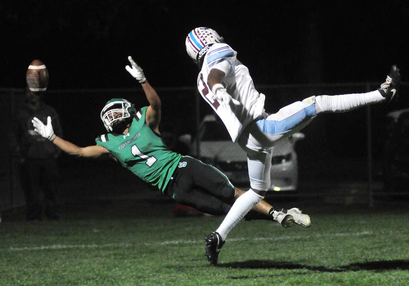 Seneca's Ethan Othon (1) tries to intercept a SJO pass intended for Tim Blackburn-Kelley in the SJO end zone on Friday, Oct. 17, 2025 at Seneca High School.