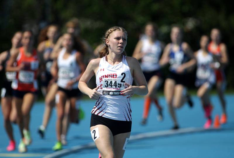 Hinsdale Central’s Sarah Fischer competes in the 3A 3200-meter run during the IHSA State Track and Field Finals at Eastern Illinois University in Charleston on Saturday, May 20, 2023.