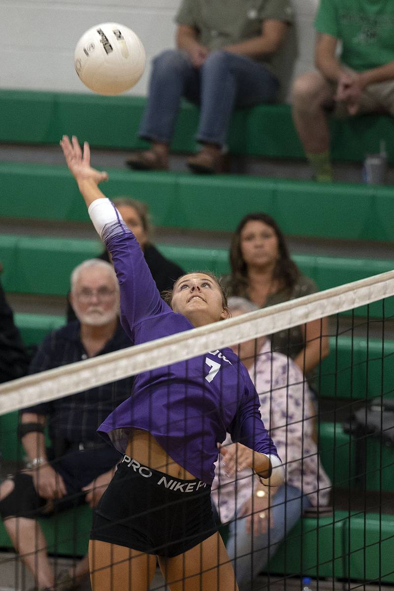 Rochelle’s Meredith Bruns spikes against Rock Falls Monday, Sept. 29, 2025.