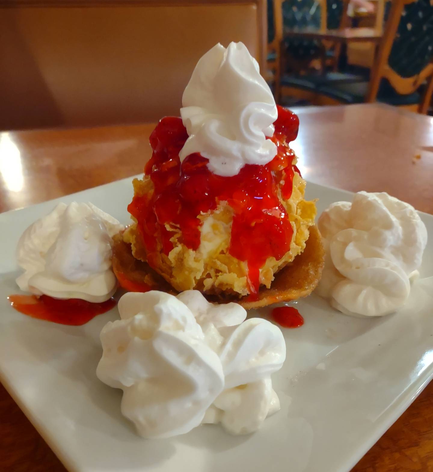 The fried ice cream at Mr. Salsas topped with strawberry sauce.