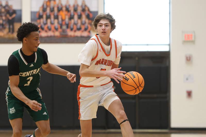 Lincoln-Way West’s Aidan Bach looks for a play against Plainfield Central on Saturday, Jan 3, 2026 in New Lenox.