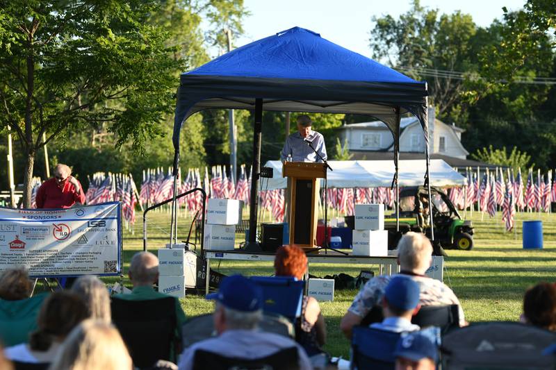 Maj. general Tim McMahon, U.S. Air Forece, retired, was the special guest speaker during the opening ceremonies of The Field of Honor held on Sunday Sep. 3, 2023. at Denning Park in La Grange where 500 American flags are on display to honor veterans, active military, first responders as well as frontline workers.