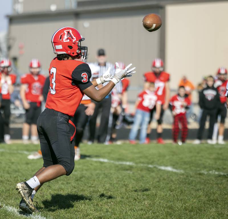 Amboy’s Cody Winn picks off a FCW pass Saturday, Nov. 4, 2023 in the 8-man semifinal game in Amboy.